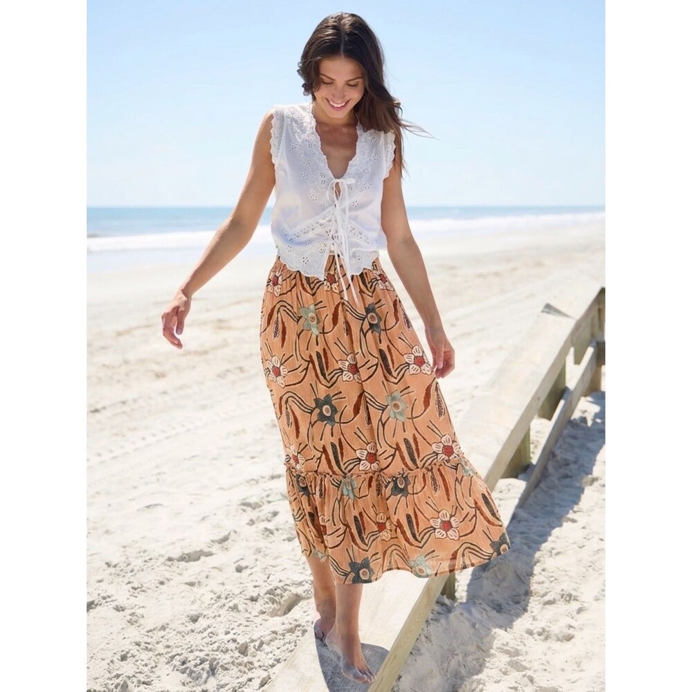 Christian Siriano New York Midi Tiered Smocked Skirt Size XS Boho Festival Tan - Picture 1 of 7